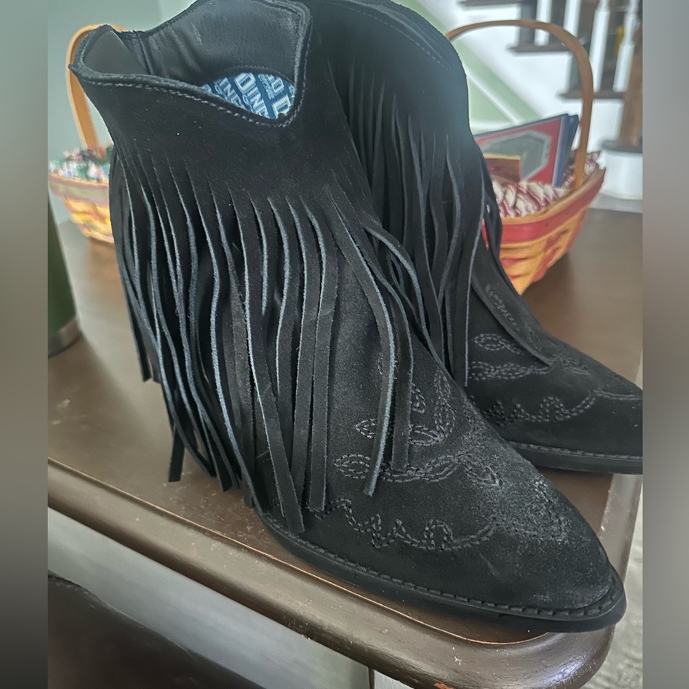 Dingo Tangles Black Ankle Boots with Fringe Detail